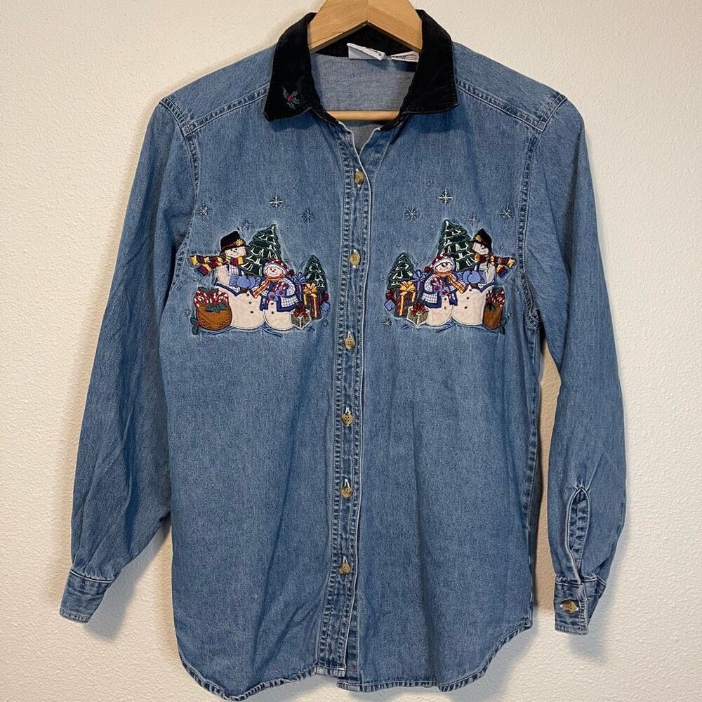 Vintage Snowman Embroidered Button Down Top Size Medium
